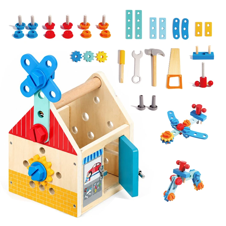 Fa gyerek munkapad, ECOTOYS HM261052, 15 x 16 x 19 cm – 1. kép ECOTOYS fa barkácskészlet szerszámos házikóval