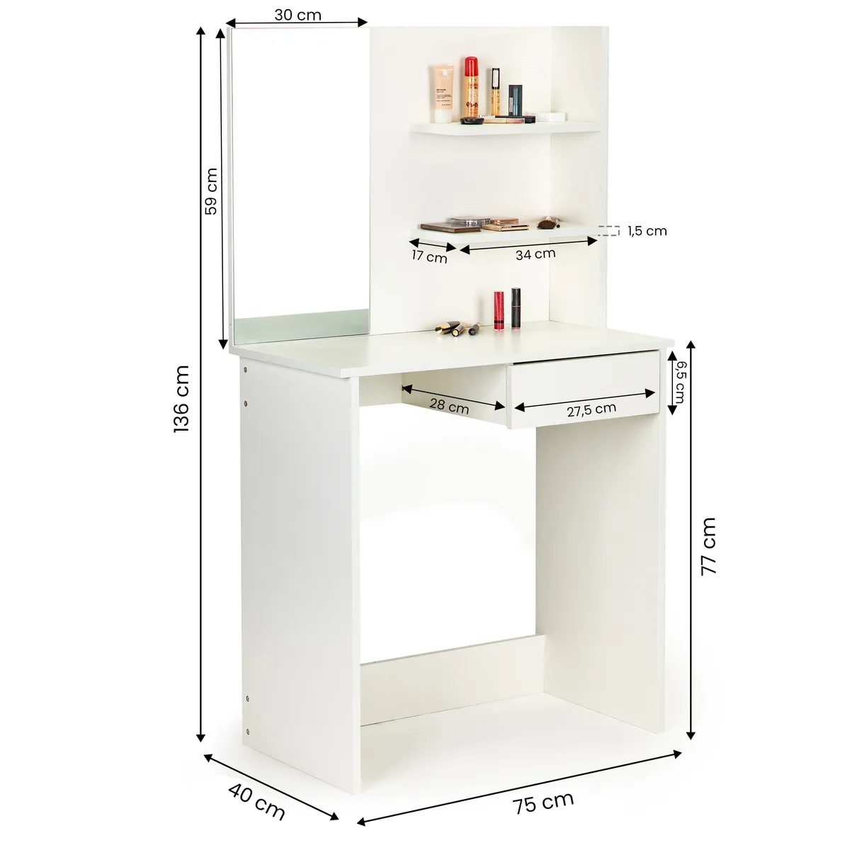 Sminkasztal, ModernHome PWSHT-21, fehér – 5. kép