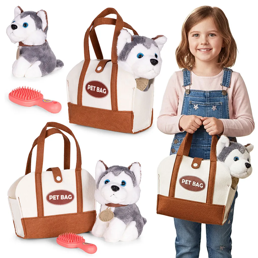 Plüsskutya készlet, Multistore HC750229, Husky kutya táskával és ápolókefével – 1. kép