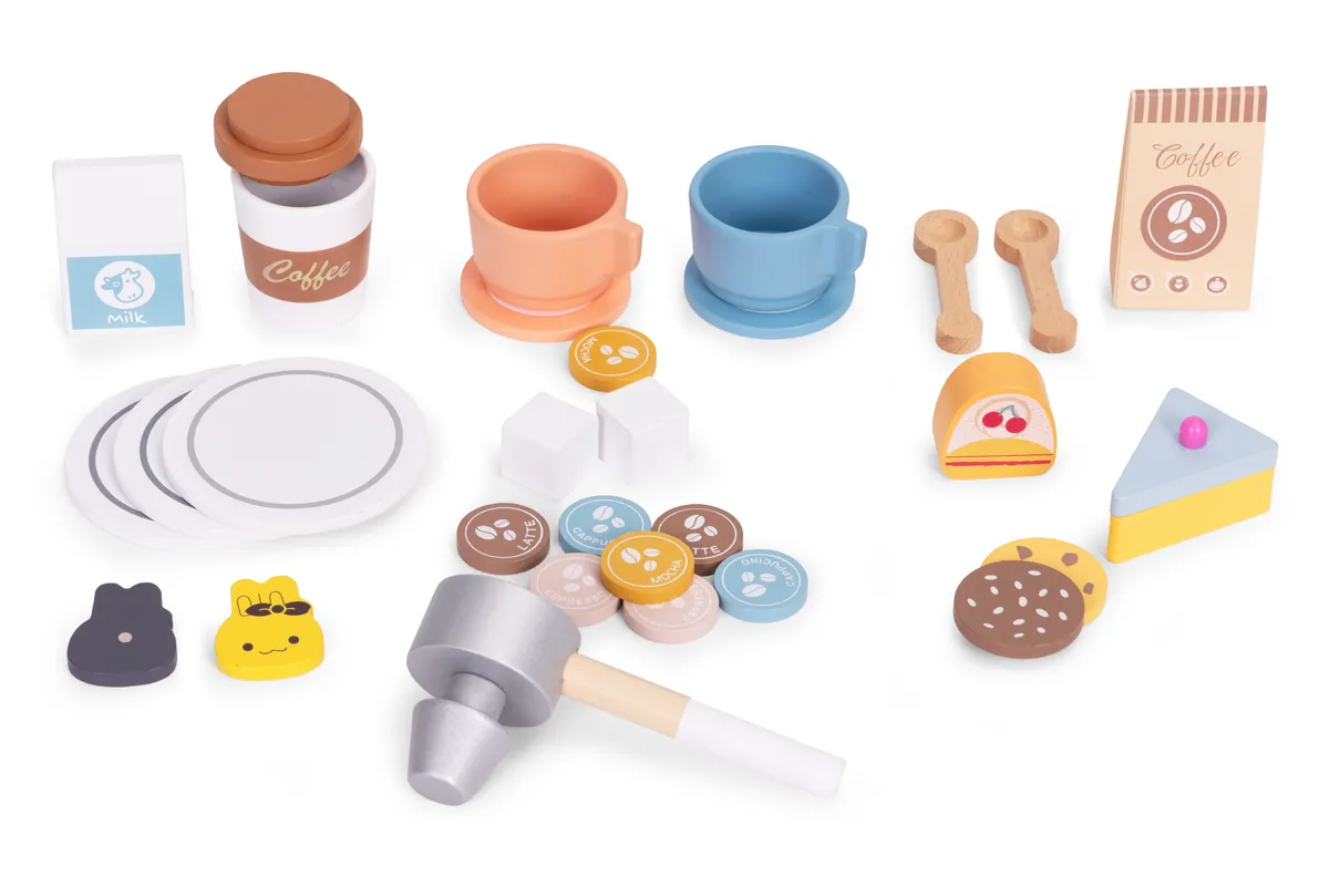 Játék kávéfőző, ECOTOYS HM328245, fa – 4. kép ECOTOYS fa barista játékszett