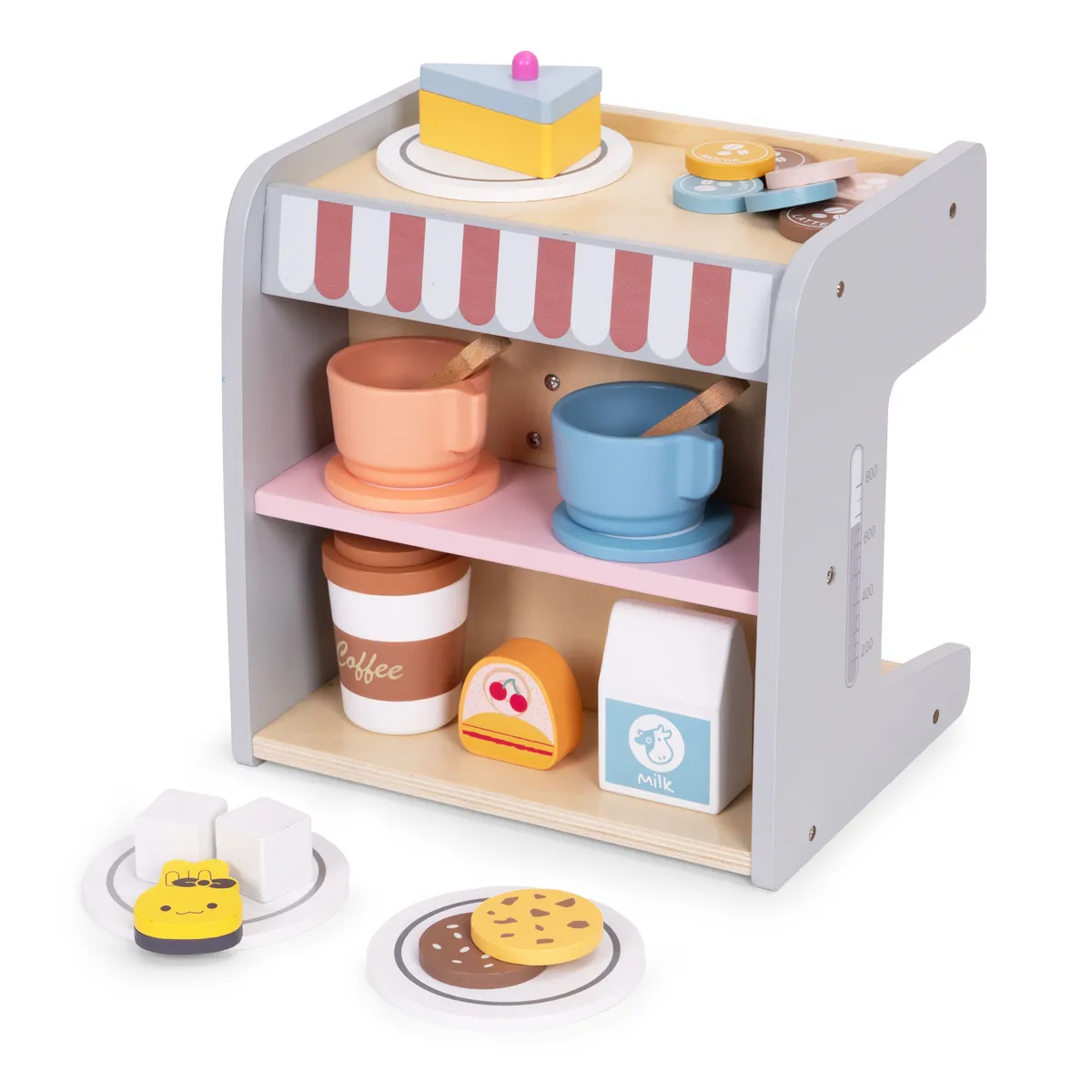 Játék kávéfőző, ECOTOYS HM328245, fa – 3. kép Fa játék kávézó polcos stand