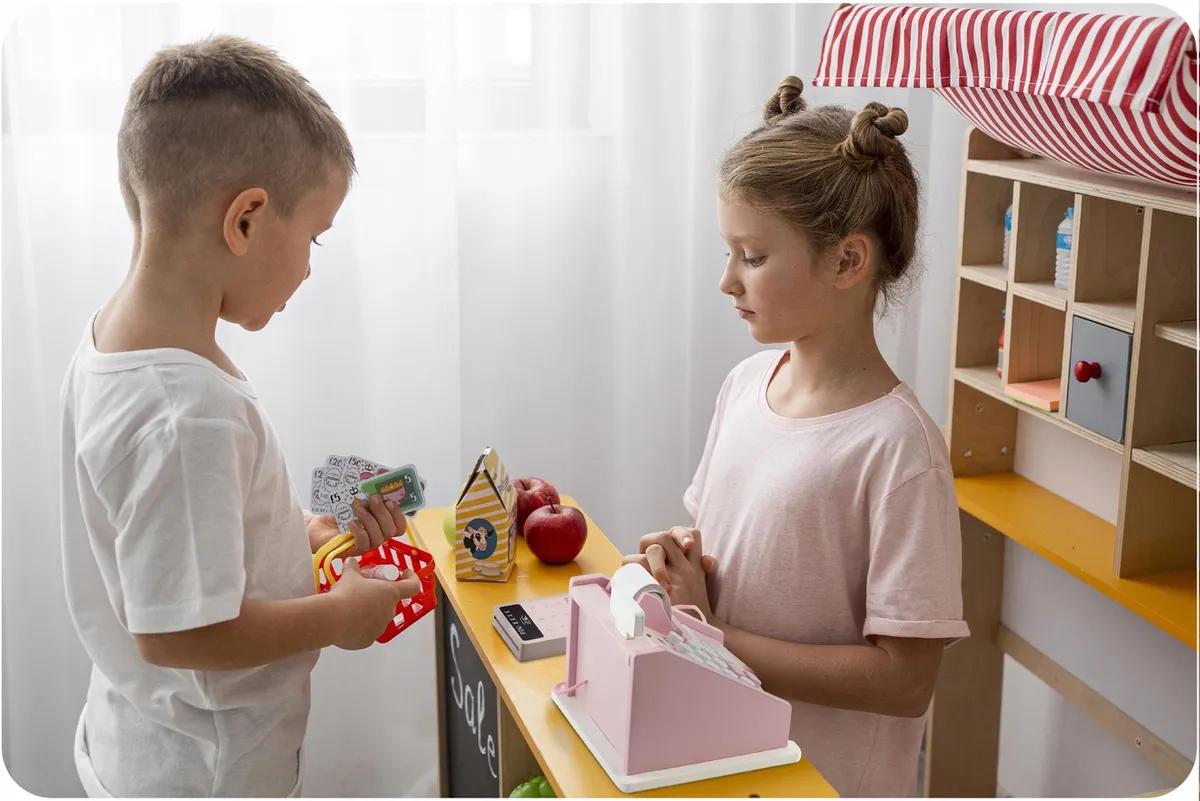 Fajáték pénztárgép, Ricokids RK-868, színes – 7. kép Boltos jelenetek eljátszása a készlettel