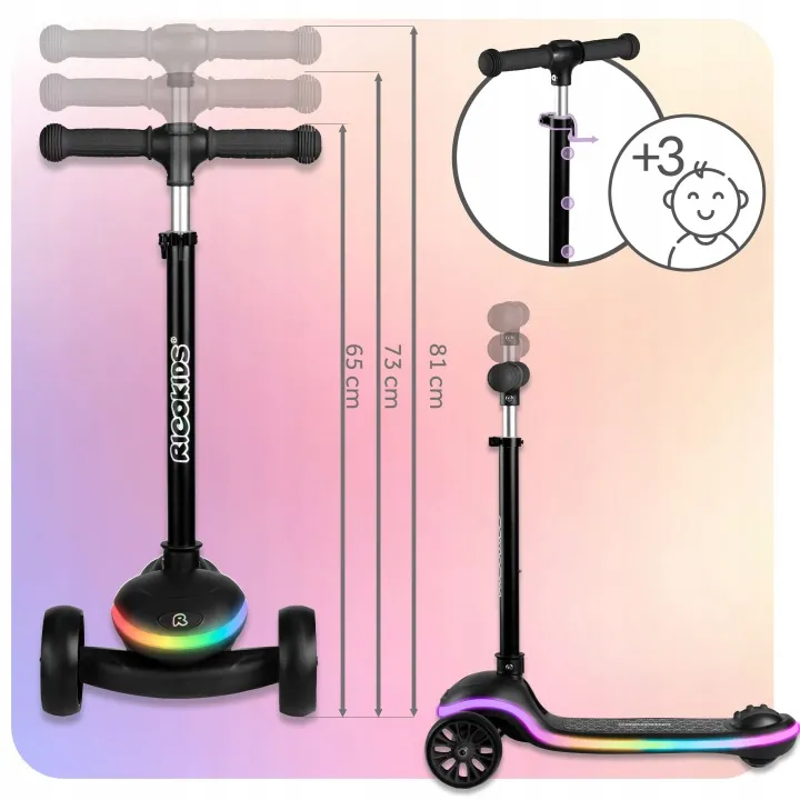 Háromkerekű roller, Ricokids Leddi, fekete – 10. kép