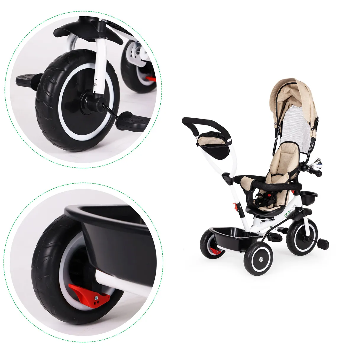 Háromkerekű tricikli, ECOTOYS YM-BT-2, bézs – 5. kép Strapabíró EVA kerekek